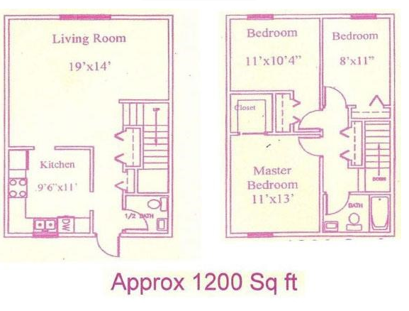 Floor plan for 3 beds, 1.5 baths, 1200 sqft